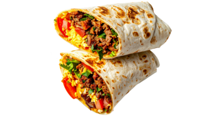 Breakfast burrito cut in half stacked irregularly isolated on white background. Suitable for marketing or business purposes. PNG file
