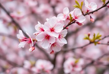 Soft pastel pink and white sakura blossoms in full bloom against a blurred spring background, cherry blossom, petals