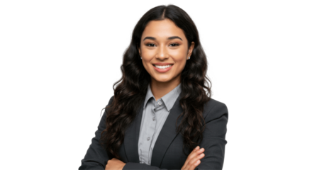 Smiling Businesswoman in Dark Suit, Isolated on Transparent PNG Background