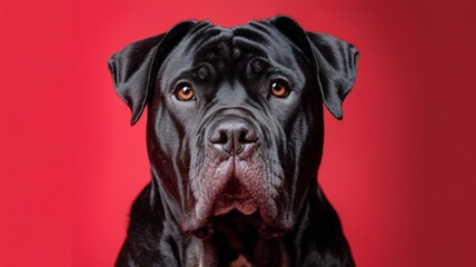 Fototapeta premium A majestic black dog with soulful eyes against a vibrant red background.