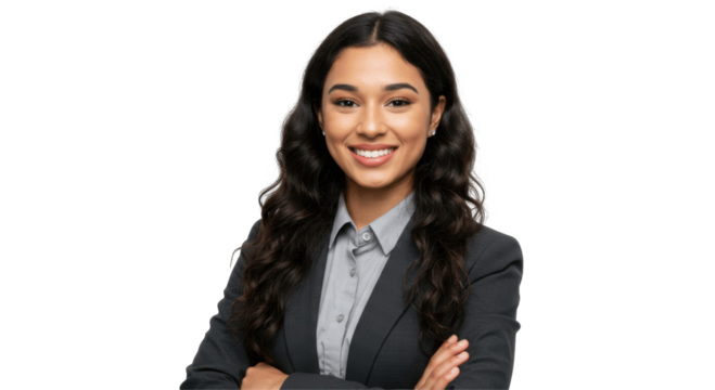 Smiling Businesswoman in Dark Suit, Isolated on Transparent PNG Background