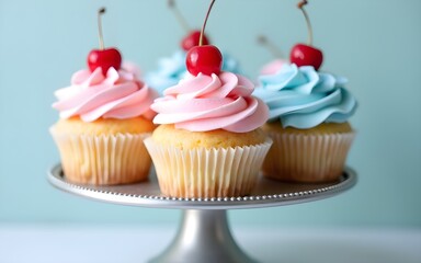 Pastel Pink and Blue Cupcakes with Cherries on a Silver Stand. High quality