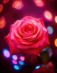 Rose surrounded by glowing particles and cinematic lighting in a surreal dreamlike scene