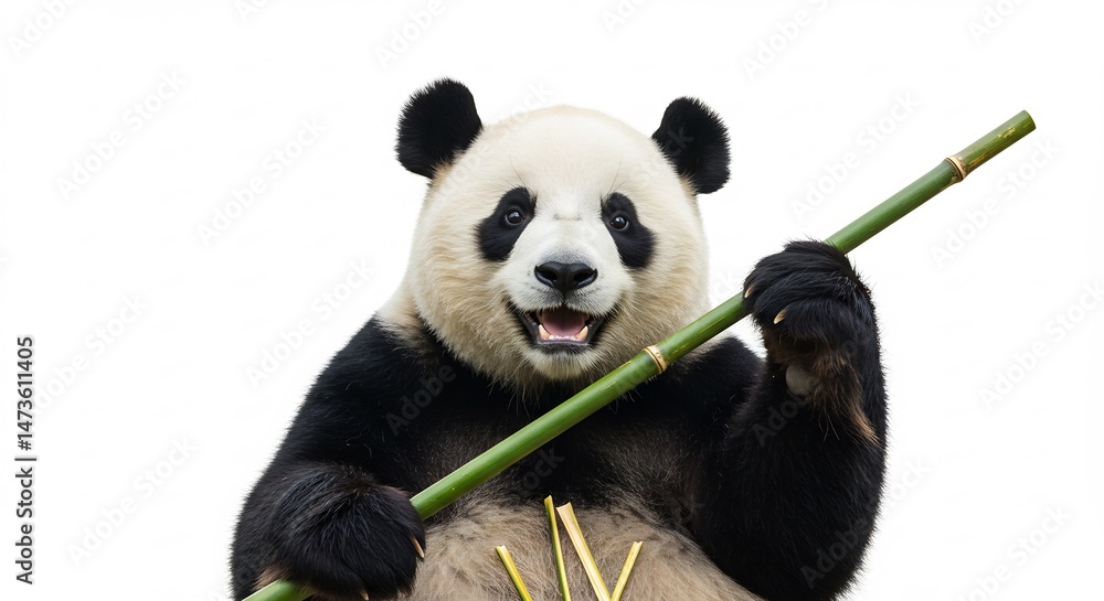 Fototapete 幸せなパンダ、竹を笑顔で食べる this translates roughly to: 