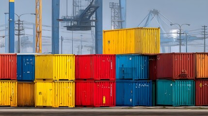 Fototapeta premium Discover Versatile Shipping Container Rows Painted In Bold Primary Hues For Innovative Modular Architecture Photography