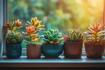 Colorful succulents on a windowsill
