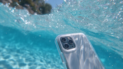 Waterproof smartphone submerged in crystal clear turquoise water