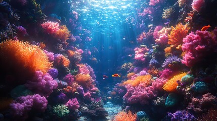 Fototapeta premium A vibrant coral reef teeming with an array of fantastical, bioluminescent sea creatures swimming amongst intricate formations of colorful coral