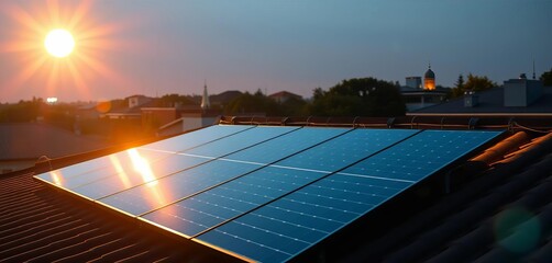 Sleek solar panels bask in sunlight, warm LED lights illuminate the rooftop at night , clear sky, nature