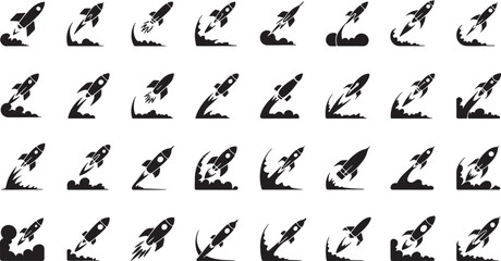 Naklejka premium Rocket Launch Silhouette Icon Featuring Black Rocket on White Background in Various Launch Stages