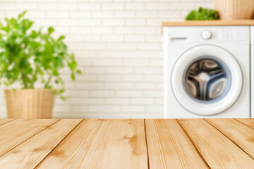 Empty wooden table with blurred washing machine in background