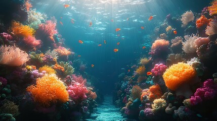 Fototapeta premium A vibrant coral reef teeming with diverse marine life, including colorful fish, sea anemones, and intricate coral formations in a clear, turquoise ocean