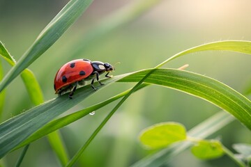 Fototapeta premium Red Ladybug on Grass Blade – Macro Nature Insect Close-Up Photo