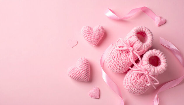 Soft pink baby booties and heart shaped decorations create charming and cozy atmosphere, perfect for baby shower or nursery. delicate ribbons add touch of elegance
