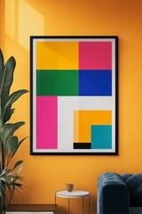 Bright Geometric Art Piece on Wall with Plant in Modern Living Room