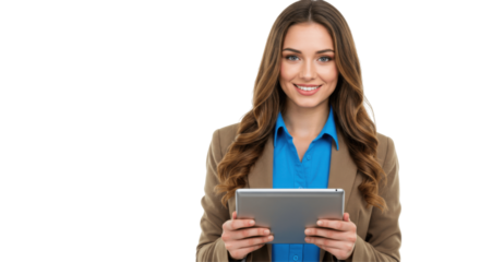 Smiling Businesswoman Holding a Tablet, Isolated on Transparent PNG Background