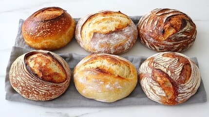 A white marble table with six different types of bread.