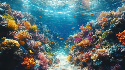 Fototapeta premium A vibrant coral reef teeming with diverse marine life, including colorful fish, sea turtles, and intricate coral formations, under the clear, turquoise water