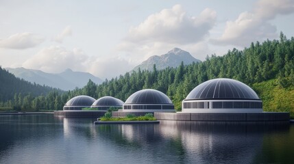 Futuristic dome structures float on a serene lake, surrounded by lush forests and mountains under a partly cloudy sky.