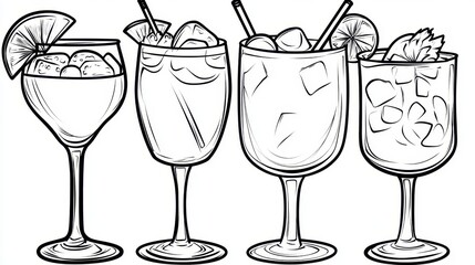 Four Distinct Glasses of Cocktails with Fruits and Ice Illustrations