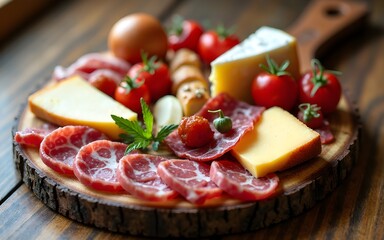 Rustic Wooden Charcuterie Board with Variety of Meats and Cheeses. High quality