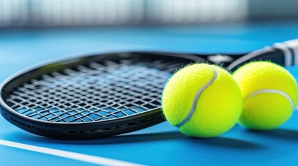 Close-Up of Tennis Racket and Bright Yellow Tennis Balls on Court