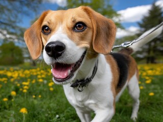 Happy beagle walking in a field of yellow flowers on a sunny day