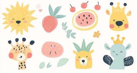 Set of cute doodle cartoon animal stickers, children's drawings. Bear, lion, tiger, rabbit, elephant and a sun behind a little rainbow. cartoon doodle animal faces and simple shapes like sun, cherry