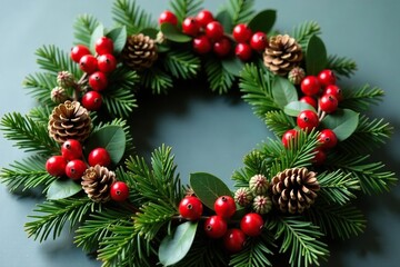 Elegant Christmas wreath with red berries and pine cones Perfect for holiday decor , holiday wreath, interior design, holiday season