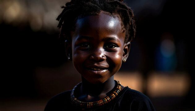 beau portrait d'une jolie petite fille en Afrique, banni&egrave;re avec fond flou sombre