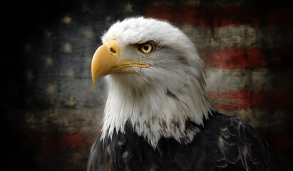 Obraz premium Majestic Bald Eagle Portrait against American Flag Background