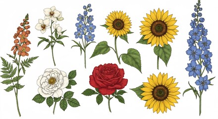 Naklejka premium 繊細なタッチで描く、夏の野花の華麗なコレクション. AI Generated