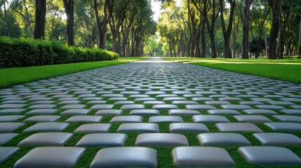 Fototapeta premium Serene Pathway Through Lush Green Trees in Sunlit Park Setting