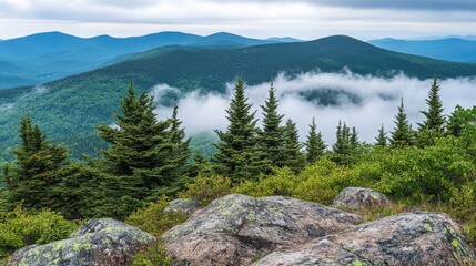 Fototapeta premium Majestic Mountain Vista: A Breathtaking Panorama of Fog-Shrouded Peaks and Lush Evergreen Forest