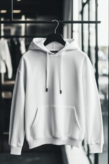 Minimalist White Hoodie on Display in Modern Retail Space
