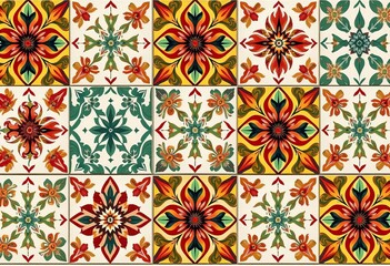 Seamless vector patchwork wallpaper featuring encaustic floral and geometric tile designs , geometric, interior
