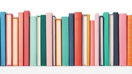 A collection of colorful books standing upright on a shelf.