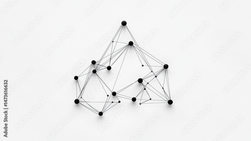 Poster a complex network of interconnected black circles and lines on a white background.