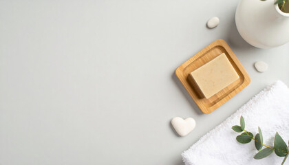 Natural soap on wooden tray with soft towel, decorative stones, and vase creates serene and calming atmosphere, perfect for spa or relaxation setting