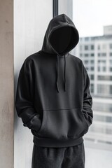 Stylish Black Hoodie on Faceless Model in Urban Setting