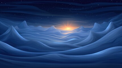 A surreal landscape at sunrise or sunset, featuring a sun-like orb amidst a sea of blue, with mountains and clouds in the background.