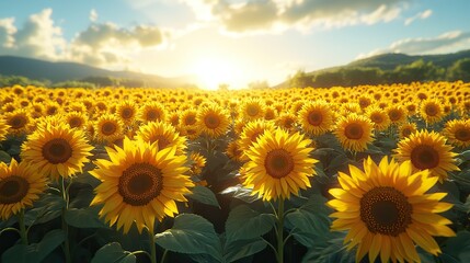 Obraz premium A vibrant field of sunflowers in full bloom, their bright yellow faces turned towards the sun under a clear blue sky The scene is cheerful and uplifting