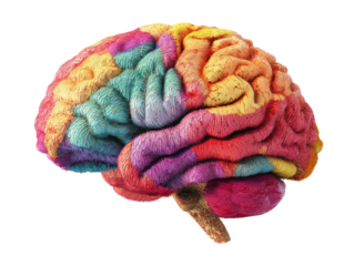 Colorful brain model showcasing neural pathways and anatomy, cut out