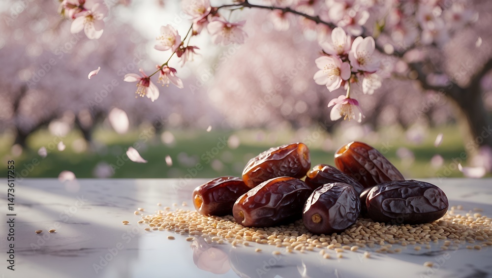 Poster dates fruit on seeds with flowering tree backdrop in spring