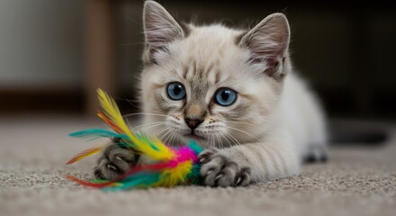 愛らしい子猫がカラフルな羽根玩具で遊ぶ瞬間 柔らかな光が輝く毛並み. AI Generated