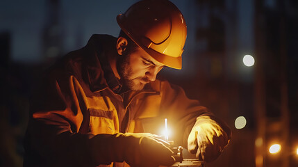 Industrial Worker Welding at Night