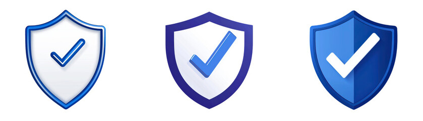 Three shield icons with checkmarks symbolize security, protection, and trust. Each shield has unique blue gradient design