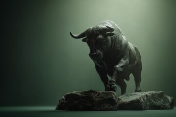 Fototapeta premium Dramatic image of a bull statue on rocks in a dimly lit setting.