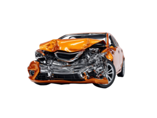 Dented orange car in need of repair after a collision event, cut out