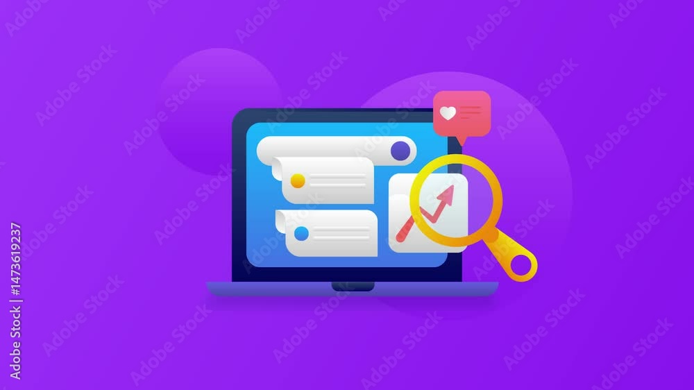 Poster laptop with search bar reveals keyword and magnified view of soaring web traffic with floating socia